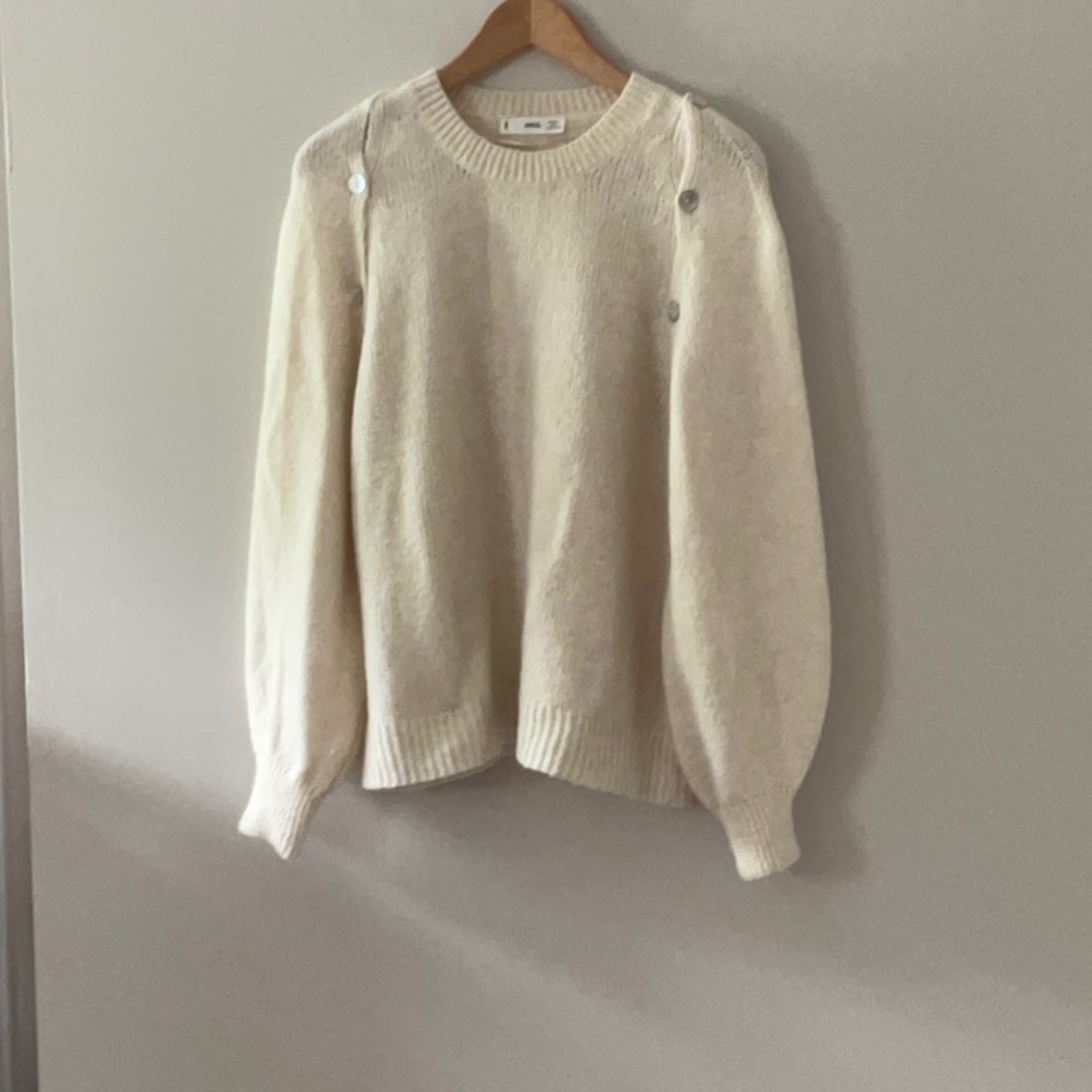 Mango Cream Crew Neck Sweater with Balloon Sleeves
